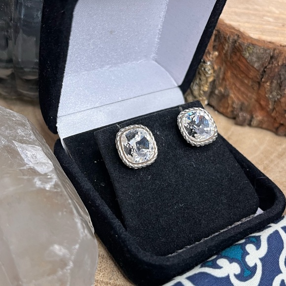 Brighton Sparkling Silver Rhinestone Square Stud Earrings - Picture 2 of 5